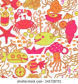 Cartoon set with sea live, vector set. Copy that square to the side and you'll get seamlessly tiling pattern which gives the resulting image the ability to be repeated or tiled without visible seams.