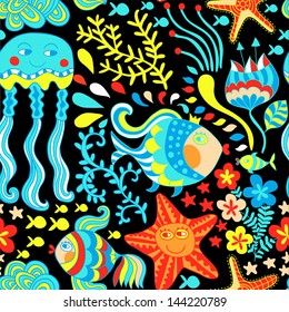 Cartoon set with sea live, vector set. Copy that square to the side and you'll get seamlessly tiling pattern which gives the resulting image the ability to be repeated or tiled without visible seams.
