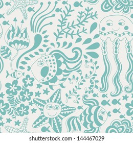 Cartoon set with sea live, vector set. Copy that square to the side and you'll get seamlessly tiling pattern which gives the resulting image the ability to be repeated or tiled without visible seams.