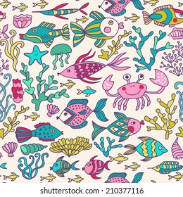 Cartoon set with sea live, vector set. Colorful sea animals, sea world seamless pattern, under water world wallpaper with fish, octopus and vegetation
