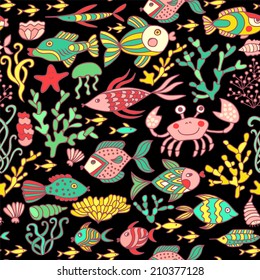 Cartoon set with sea live, vector set. Colorful sea animals, sea world seamless pattern, under water world wallpaper with fish, octopus and vegetation