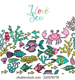 Cartoon set with sea live, vector set. Colorful sea animals, sea world under water world wallpaper with fish, octopus and vegetation