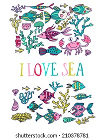 Cartoon set with sea live, vector set card. Colorful sea animals, sea world under water world wallpaper with fish, octopus and vegetation