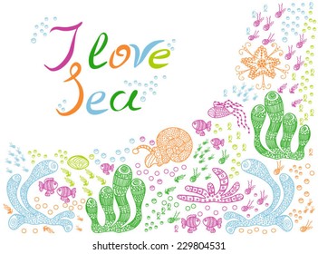 Cartoon set with sea live, vector set. Colorful sea animals, sea world under water world wallpaper with fish and vegetation 