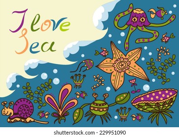 Cartoon set with sea live, vector set. Colorful sea animals, sea world under water world wallpaper with fish and vegetation 