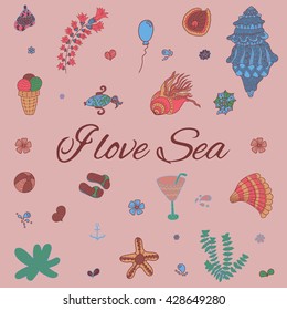 Cartoon set with sea live, vector set card. Colorful sea animals, sea world under water world wallpaper with fish, shell and coral
