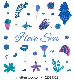 Cartoon set with sea live, vector set card. Colorful sea animals, sea world under water world wallpaper with fish, shell and coral