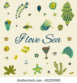Cartoon set with sea live, vector set card. Colorful sea animals, sea world under water world wallpaper with fish, shell and coral