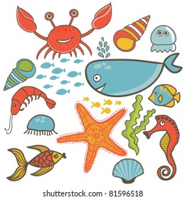 Cartoon set with sea live, vector set of colorful sea animals