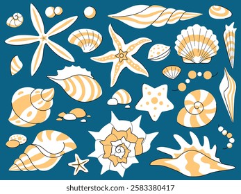 Cartoon set of sea shells. White and gold mollusks on blue background.