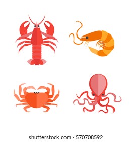 Cartoon Set of Seafood can Be Used for Menu Your Kitchen. Flat Design Style. Vector illustration