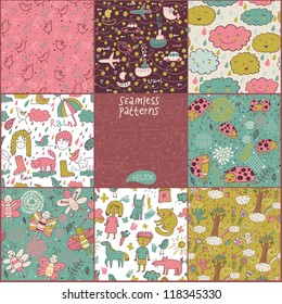 Cartoon set of seamless pattern. Nature backgrounds in vintage style