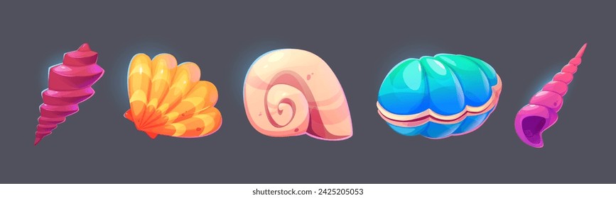 Cartoon set of seashells isolated on black background. Vector illustration of marine beach or aquarium seabed design elements, oyster shell with pearl, mollusk, snail, jewelry souvenir collection