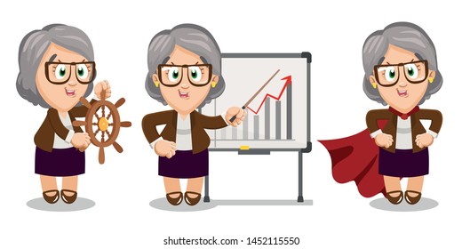 Cartoon set with senior elegant woman who is head or owner of company. Aged businesswoman standing with steering wheel like leader, pointing to diagram on flipchart, dressed in red cape. Super woman.