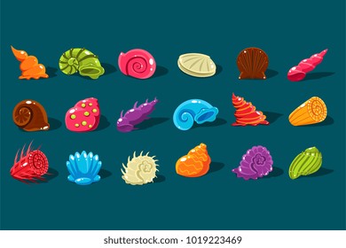 Cartoon set with shiny sea shells of different shapes and kinds. Colorful aquarium decor objects. Flat vector design elements for computer or mobile game interface