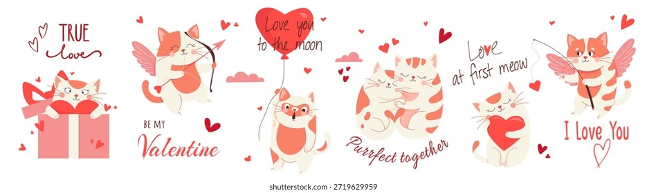 Conjunto de dibujos animados en estilo simple de los niños lindos gatos amorosos para el día de San Valentín Personajes románticos de Vector plano con corazones, Elementos de cupido y regalos para tarjetas de felicitación, pegatinas, diseño de amor festivo