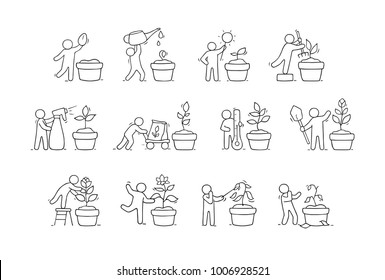 Cartoon set of sketch little people growing plant. Doodle cute collection about gardening. Vector illustrations  with flower in different stages.