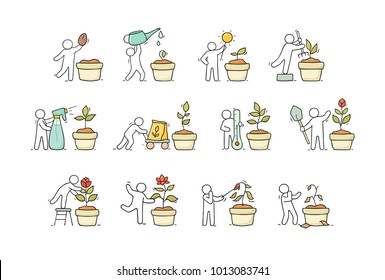 Cartoon Set Of Sketch Little People Growing Plant. Doodle Cute Collection About Gardening. Vector Illustrations  With Flower In Different Stages.