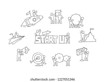 Cartoon set of sketch little people with creative symbols. Doodle cute icons about start up. Hand drawn vector illustration for business design.