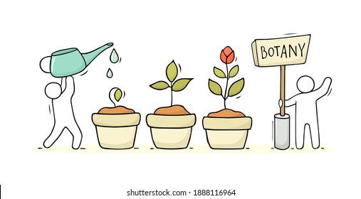 Cartoon set of sketch little people growing plant. Doodle cute collection about gardening. Vector illustrations with flower in different stages.