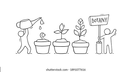 Viñeta de dibujos animados de pequeñas personas cultivando plantas. Doodle linda colección sobre jardinería. Ilustraciones vectoriales con flor en diferentes etapas.