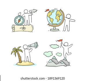 Cartoon set of sketch little people and travel objects. Doodle cute collection about tourism. Vector illustration set with geography icons.