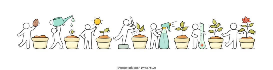 Viñeta de dibujos animados de pequeñas personas cultivando plantas. Cartel lindo sobre jardinería. Ilustraciones vectoriales con flor en diferentes etapas.