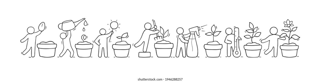 Cartoon set of sketch little people growing plant. Doodle cute banner about gardening. Vector illustrations with flower in different stages.