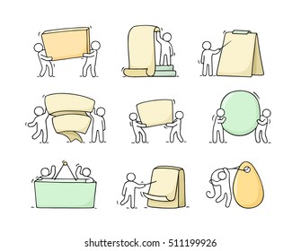 Cartoon set of sketch little people with blank spaces. Doodle cute workers with banners. Hand drawn vector illustration for business design.