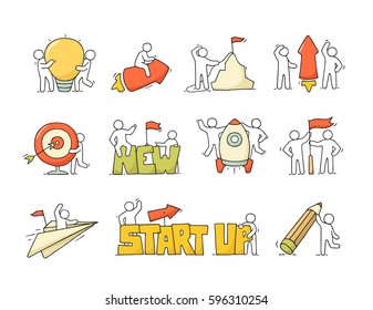 Cartoon set of sketch little people with creative symbols. Doodle cute icons about start up. Hand drawn vector illustration for business design.