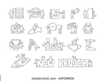 Cartoon set of sketch little people with creative symbols. Doodle cute icons about start up. Hand drawn vector illustration for business design.