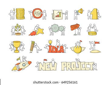 Cartoon set of sketch little people with creative symbols. Doodle cute icons about start up. Hand drawn vector illustration for business design.