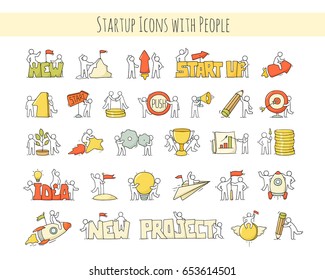 Cartoon set of sketch little people with creative symbols. Doodle cute icons about start up. Hand drawn vector illustration for business design.