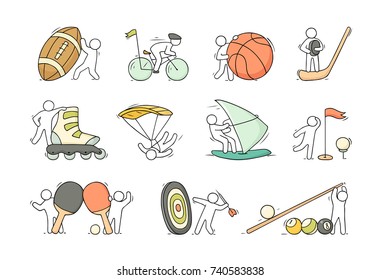 Cartoon set of sketch little people with sport equipment. Doodle cute illustration about healthy lifestyle. 