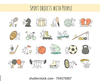 Cartoon set of sketch little people with sport equipment. Doodle cute illustration about healthy lifestyle. 