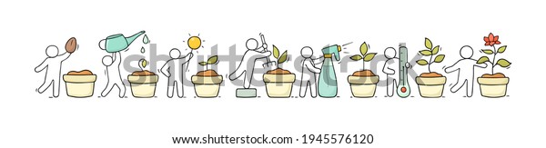 Cartoon set of sketch little people growing\
plant. Doodle cute banner about gardening. Vector illustrations\
with flower in different\
stages.