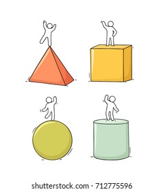 Cartoon set of sketch working little people with mathematical symbols. Doodle cute miniature scenes of workers geometric forms. Hand drawn vector illustration for school design.