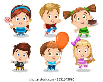 Cartoon set of smiling boys and girls , who running, jumping, holding candy, cake, marker, orange balloon, showing sign of the horns. Concept of different kinds of activity, hobby of children.