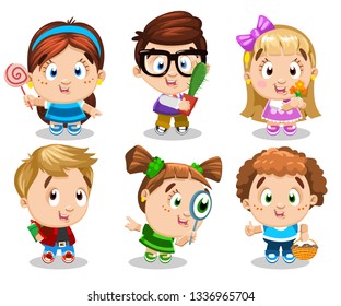 Cartoon set of smiling boys and girls, who looking through magnifier, holding candy, cactus, flowers, present box, basket. Concept of different kinds of activity, pastime, hobby of children.