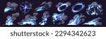 Cartoon set of smoke clouds with neon blue lightning effect isolated on black background. Vector illustration of comic dust puff, dirty steam after magic power strike, light speed, explosion fume