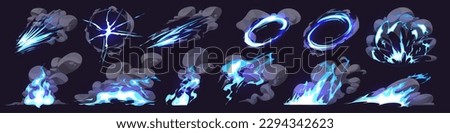 Cartoon set of smoke clouds with neon blue lightning effect isolated on black background. Vector illustration of comic dust puff, dirty steam after magic power strike, light speed, explosion fume