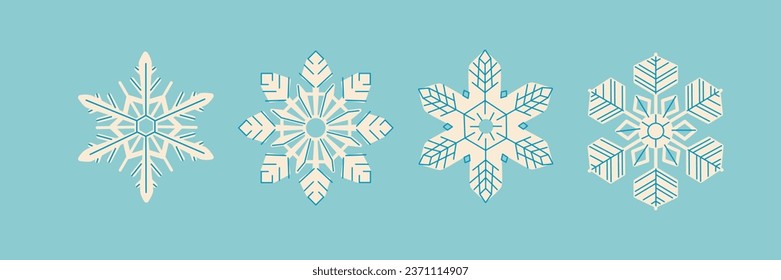La caricatura puso copos de nieve de varias formas. Ilustración vectorial del estado de ánimo invernal. Símbolo de invierno. Signo del logo de Navidad. icono del copo de nieve helado de invierno. Fondo de Año Nuevo para el diseño decorativo. Símbolos abstractos.