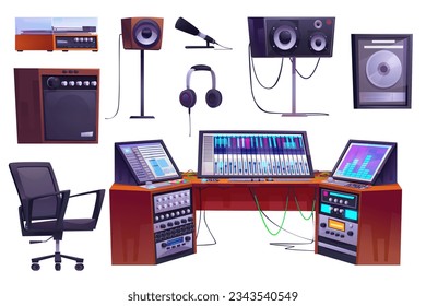 Conjunto de dibujos animados de equipos de estudio de grabación de sonido aislados en fondo blanco. Ilustración vectorial del mezclador de música profesional con botones y cables, auriculares, altavoz, micrófono, reproductor de discos