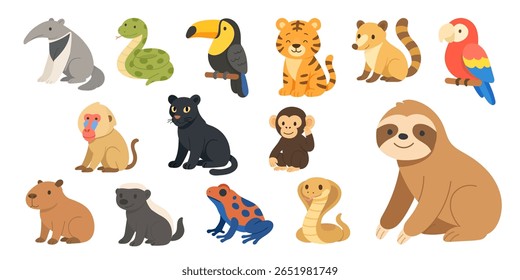 cartoon set of South American jungle animals: anteater, anaconda, toucan, tiger, coati, parrot, baboon, jaguar, monkey, capybara, honey badger, frog, cobra, and sloth. Cute wild south america animals