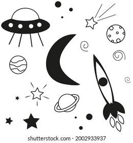 Cartoon set with space elements.Symbols of planets, ufo, spaceships, moon,  comet satellite and stars. Vector illustration  isolated on the white background.