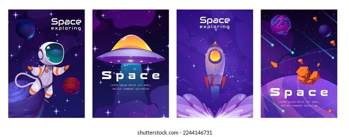 Cartoon set of space exploration game banner design templates with place for text. Vector illustration of astronaut, rocket and alien spaceship, planets, asteroids and satellites flying in night sky