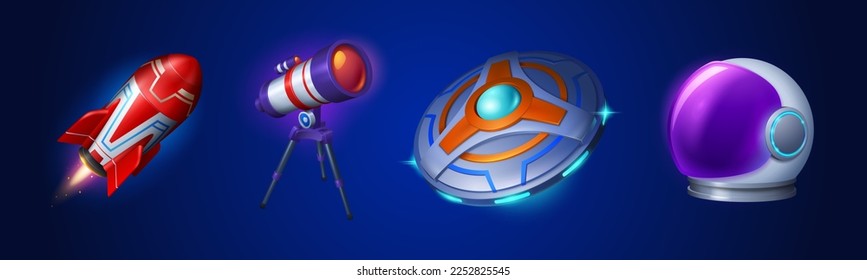 Conjunto de dibujos animados de objetos espaciales aislados en segundo plano. Ilustración vectorial de un cohete volador colorido con rastro de fuego, telescopio astronómico, OVNI alienígena e íconos de casco astronauta. Exploración de Cosmos