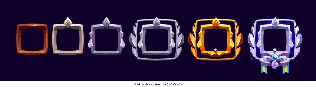 Cartoon set of square game rang badges with wood, stone, silver and gold metal texture isolated on background. Vector illustration of empty gui avatar frames or buttons decorated with ribbons and gems