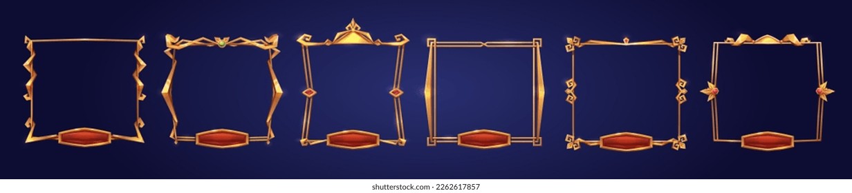 Cartoon set of square golden game rank frames isolated on background. Vector illustration of medieval borders with nameplates, gemstones and shiny forged iron ornaments. User interface design elements