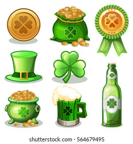 Cartoon Set Of St. Patrick Day green Icons, vector game elements